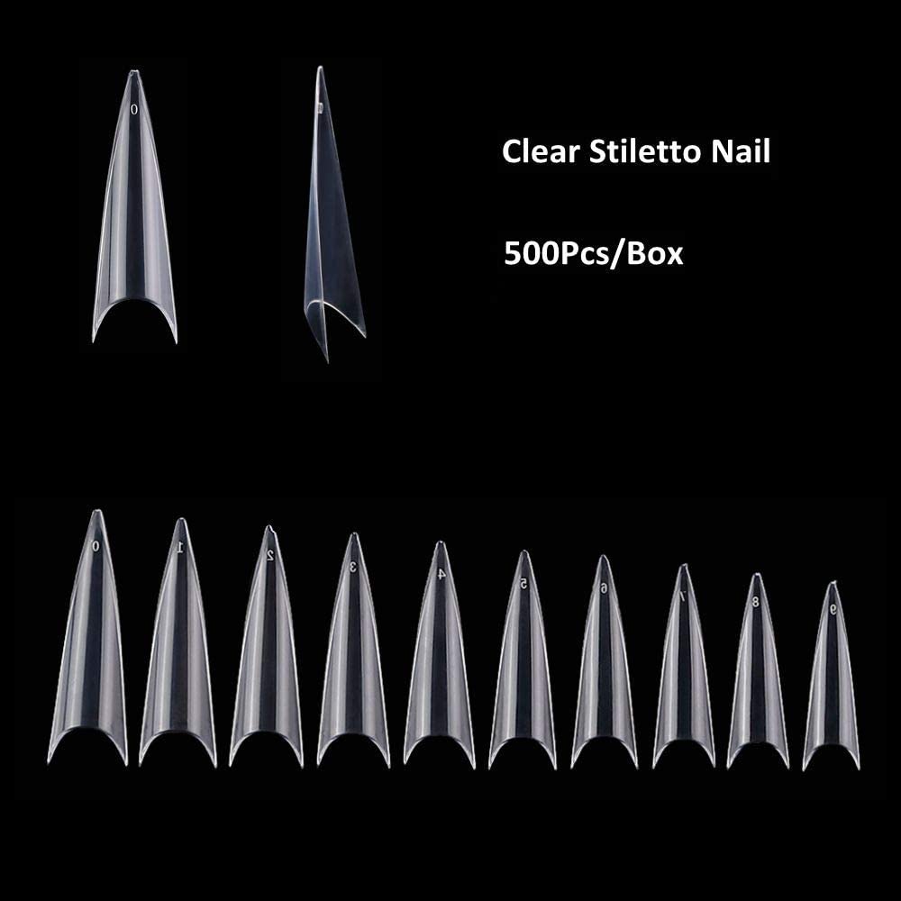 Stiletto False Nail Tips Long Acrylic Clear Full Cover Nail Artificial Press on Nail 10 Sizes 500Pcs with Box(Clear Stiletto Nail-Box) - Image 3
