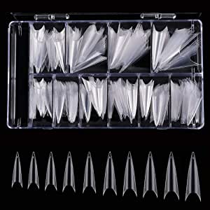 Stiletto False Nail Tips Long Acrylic Clear Full Cover Nail Artificial Press on Nail 10 Sizes 500Pcs with Box(Clear Stiletto Nail-Box)